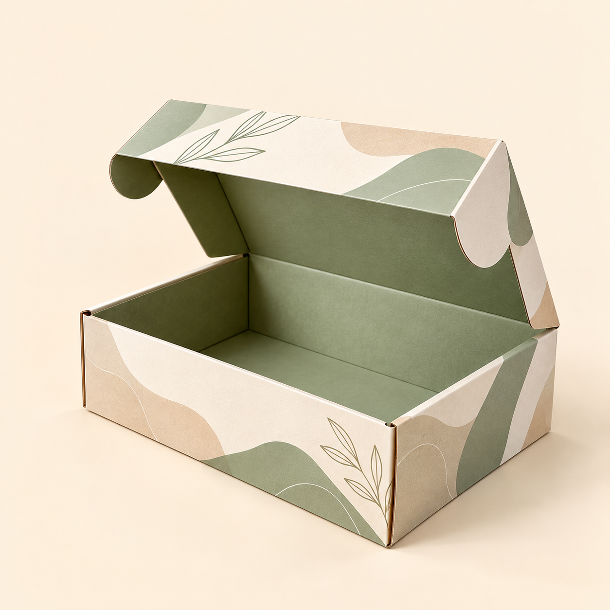 Custom green roll end mailer box with lid C005 featuring abstract leaf print by Artsy Packaging UK