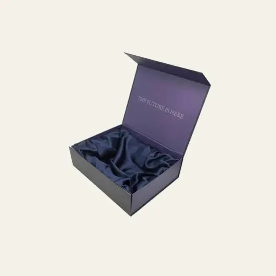 Satin Lined Boxes featuring a deep purple magnetic rigid gift box with luxurious blue satin fabric cushioning for jewelry, watches, and luxury accessories.