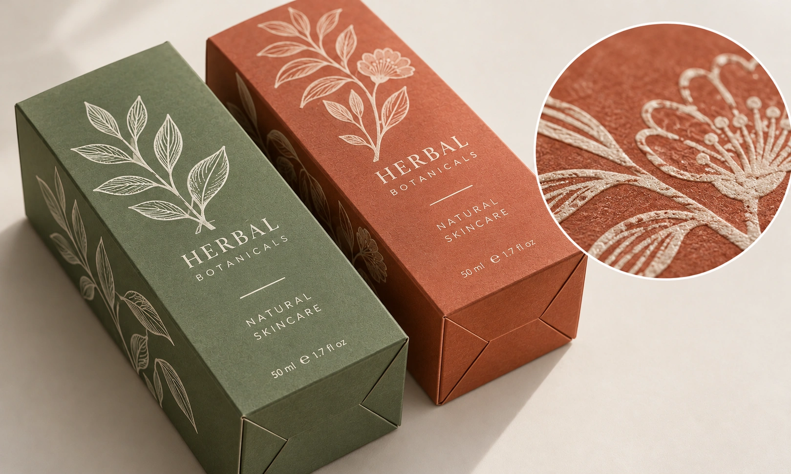 Screen printed Herbal botanical packaging boxes with thick ink coverage by Artsy Packaging UK