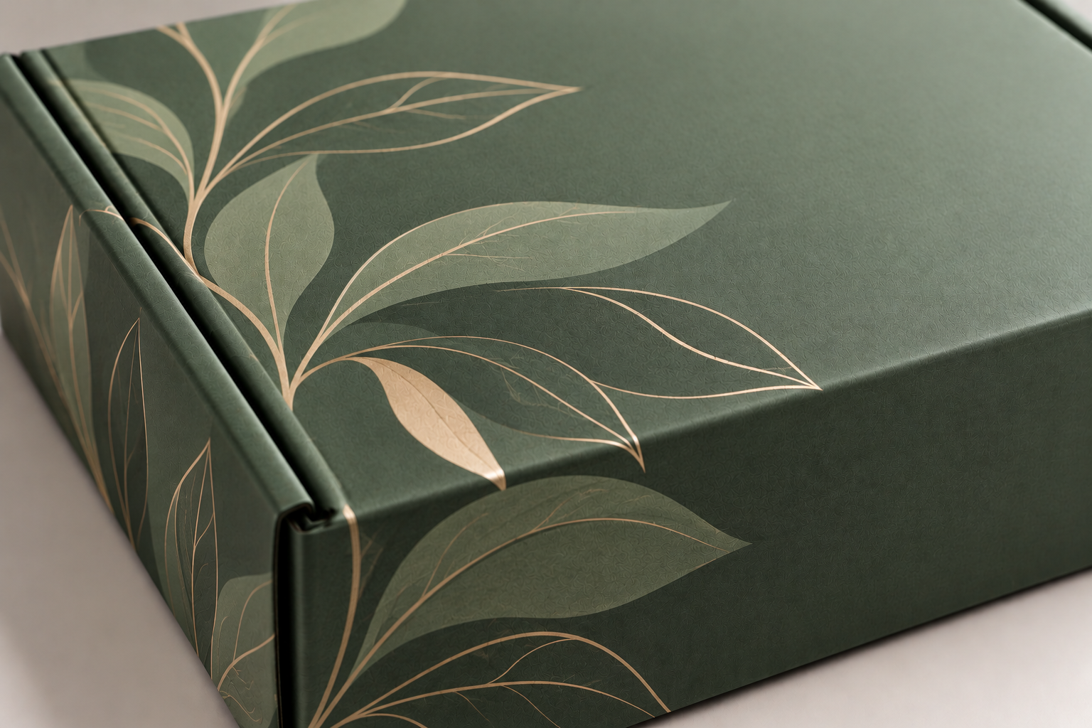 Soft-touch velvety coating on dark green printed mailer packaging
