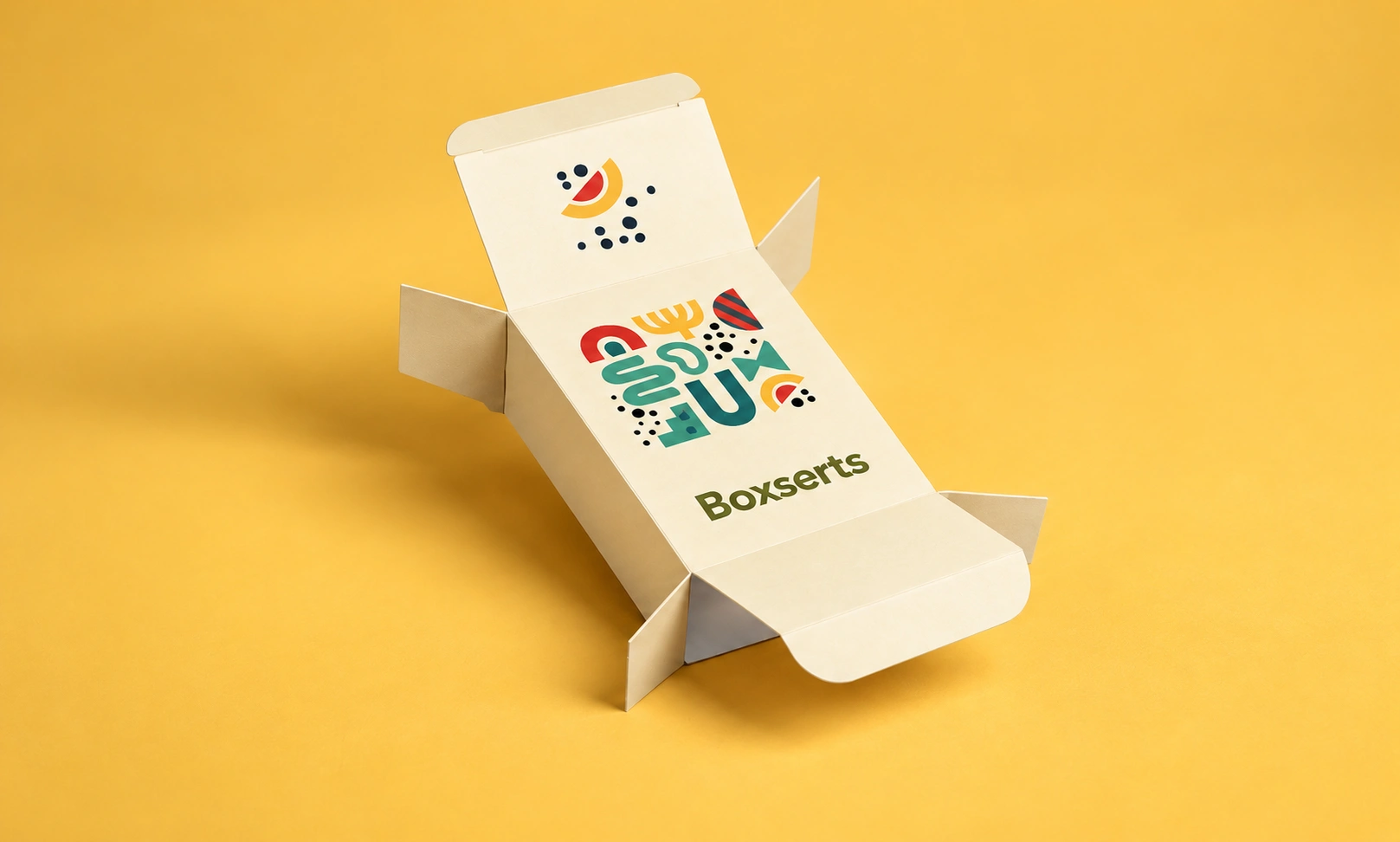 Custom printed straight tuck end box with open top flap on yellow background by Artsy Packaging UK
