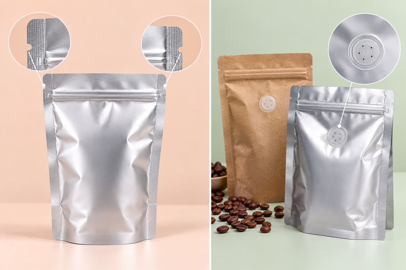 Custom silver Mylar pouch with easy-open tear notches and one-way degassing valve by Artsy Packaging UK