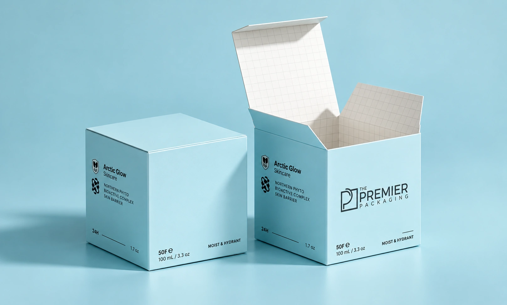 Light blue custom printed tuck top boxes with hinged flap closure by Artsy Packaging UK