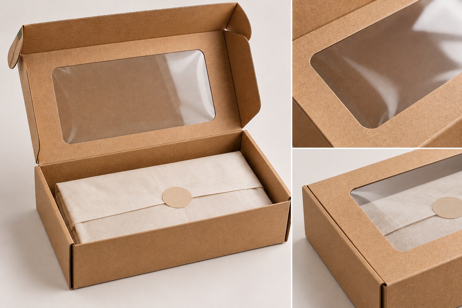 Kraft mailer box with transparent clear window patching display by Artsy Packaging UK