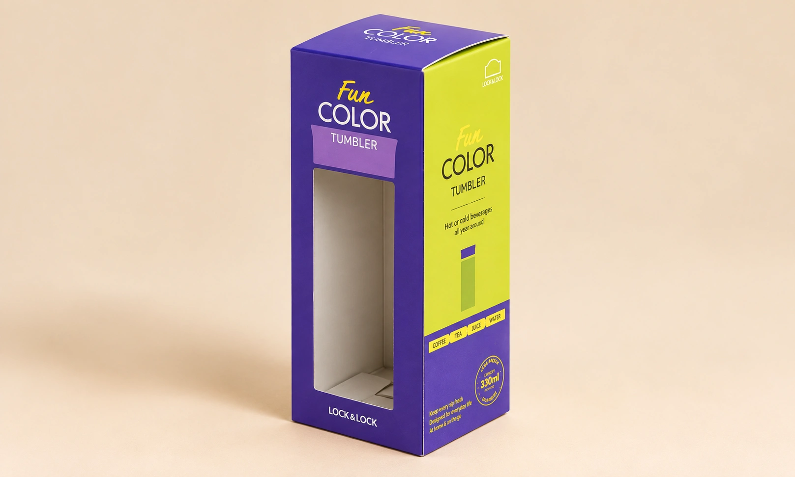 Custom purple and yellow Fun Color Tumbler window tuck box with clear die-cut window cutout by Artsy Packaging UK