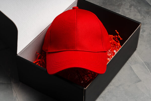 red baseball cap in cardboard box close up 2026 01 08 22 33 00 utc