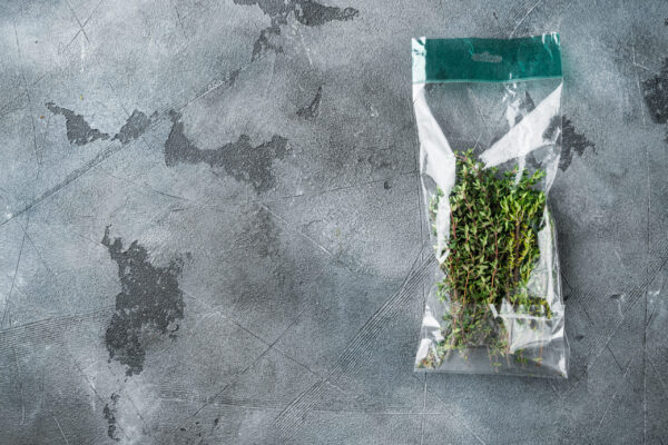 thyme in plastic bag set on gray background top 2026 01 11 08 46 25 utc