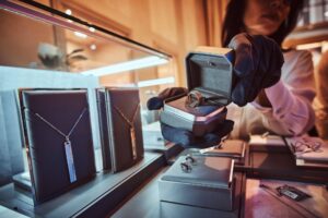 Luxury jewellery store display featuring a ring in custom jewellery boxes and premium jewellery packaging.