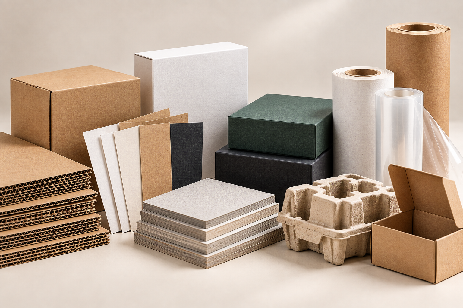 Packaging materials including cardboard boxes, corrugated sheets, paperboard, kraft paper, and protective packaging