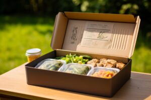 Custom food packaging box containing prepared meals, vegetables and food containers