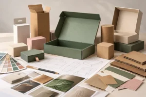 Custom packaging design and branding featuring cardboard boxes, rigid boxes, kraft materials and colour samples.